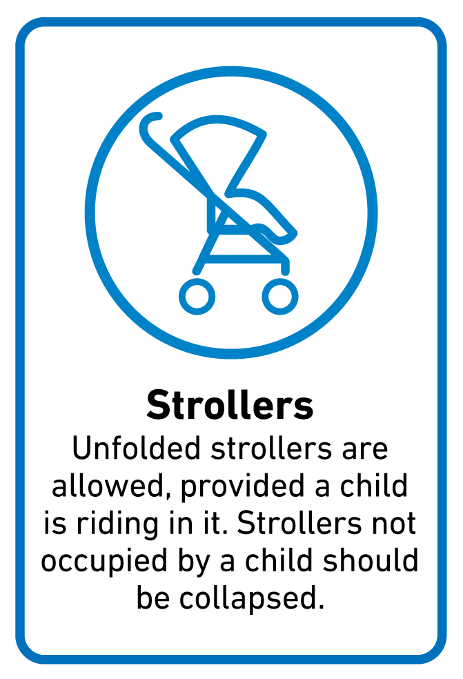 Unfolded strollers are allowed, provided a child is riding in it. Strollers not occupied by a child should be collapsed. 