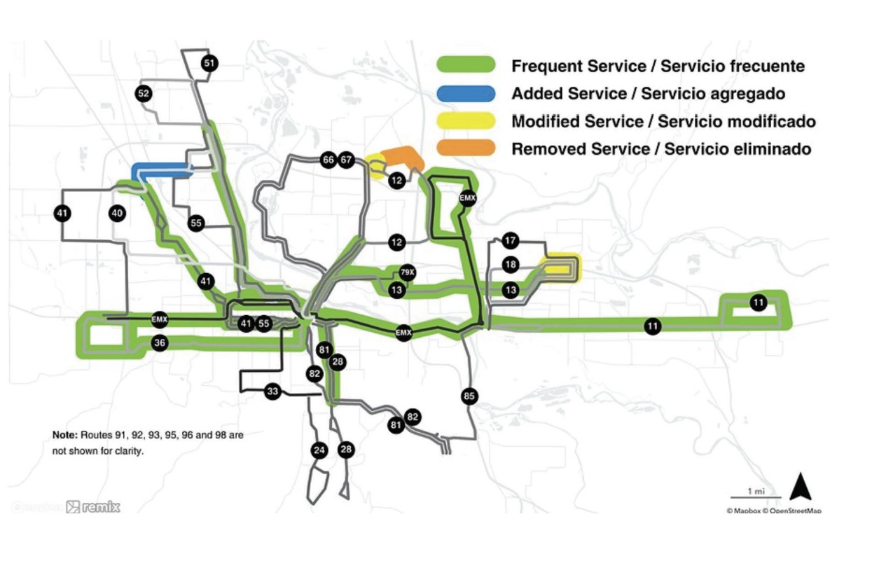 system review map Frequent service, added service, modified service, and removed service routes labeled.