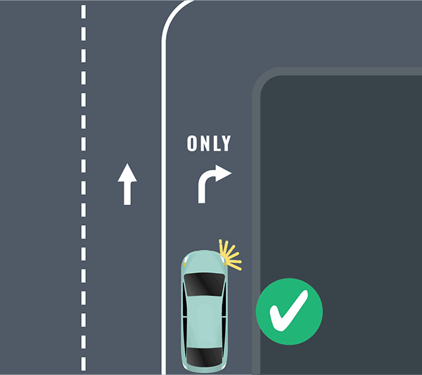 To turn off road onto right use your right turn signal and use the turning lane.