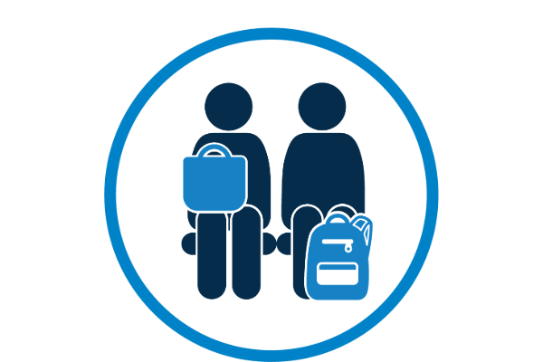 Two people sitting side by side, each with a bag placed on their lap or the floor beside them, inside a blue circle.