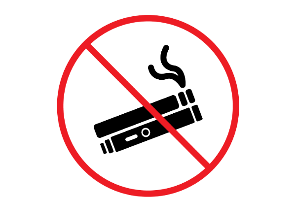 Black icon of two vaping devices with smoke, crossed out by a red prohibition circle and slash, indicating no vaping allowed.