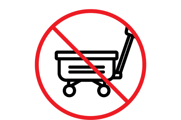 A black and white icon of a wagon with a handle is crossed out by a red prohibition symbol.