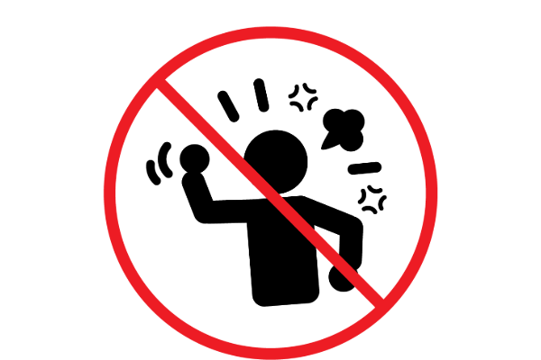 A prohibition sign with a red circle and diagonal line over a person making an angry gesture, indicating no aggressive or violent behavior allowed.