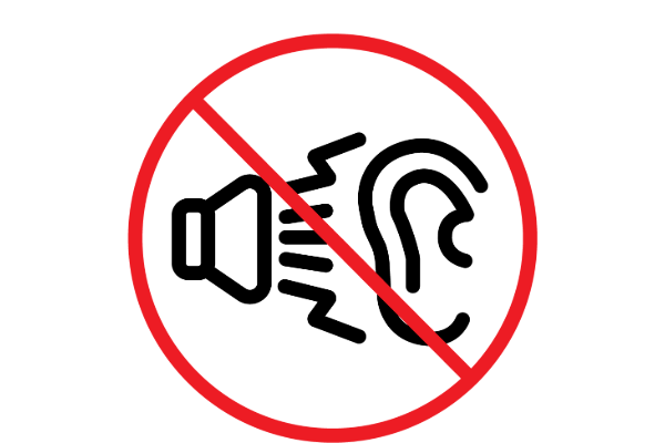 A speaker icon emitting sound waves toward an ear, crossed out with a red prohibition symbol, indicating no sound or noise allowed.