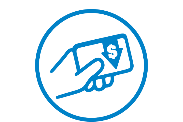 A blue outline of a hand holding a card with a dollar sign and downward arrow inside a blue circle, on a white background.