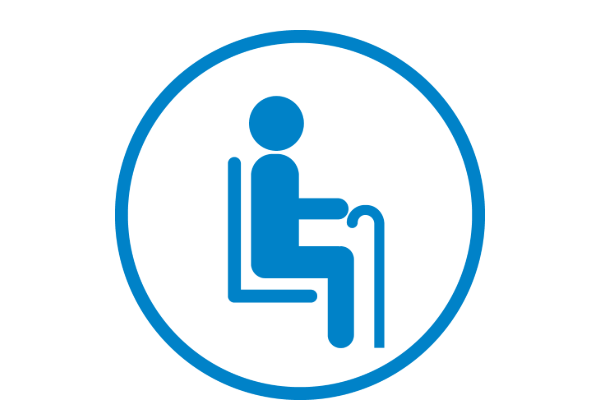 Blue icon showing a person sitting on a bench with a cane inside a blue circle.