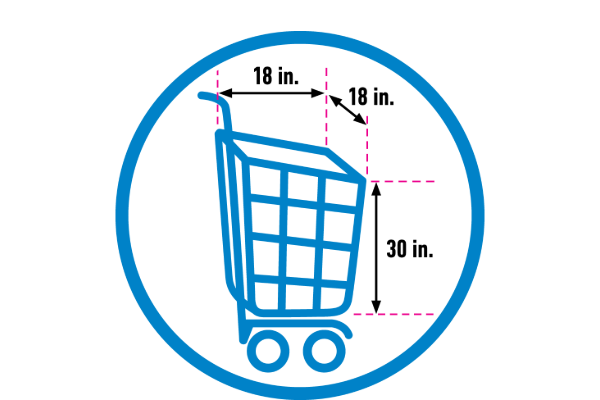 Illustration of a shopping cart with dimensions labeled: 18 inches wide, 18 inches deep, and 30 inches tall.