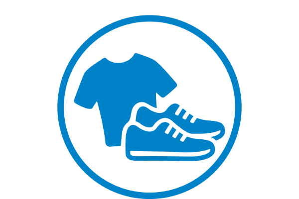 Blue icon of a t-shirt and a pair of sneakers inside a blue circle on a white background.