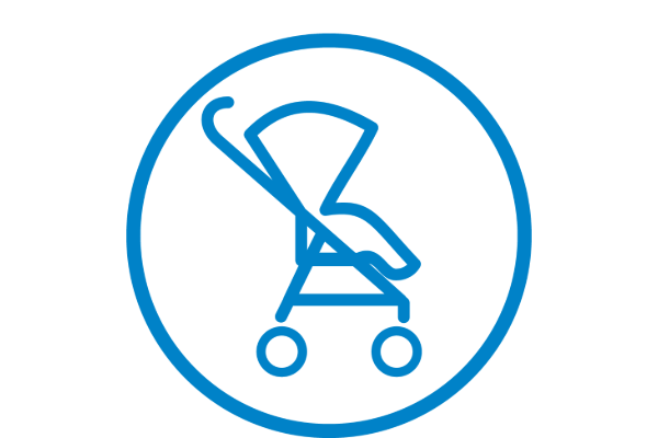 Blue outline icon of a baby stroller inside a blue circle on a light gray background.