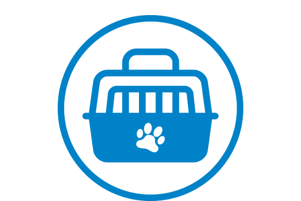 Blue pet carrier icon with a paw print on the front, enclosed in a blue circle on a white background.