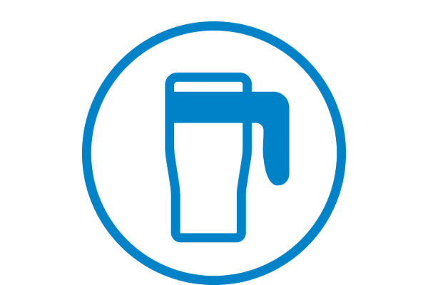 Blue outline icon of a pint glass with a handle, enclosed in a blue circle on a light background.