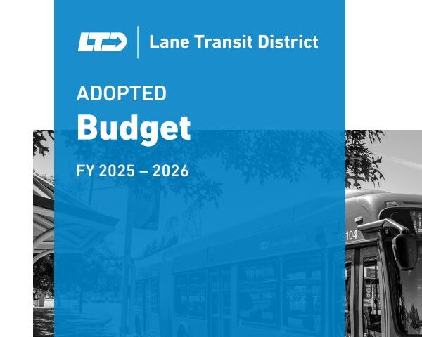 Cover page of the Lane Transit District FY 2025-2026 adopted budget, showing a city bus labeled 